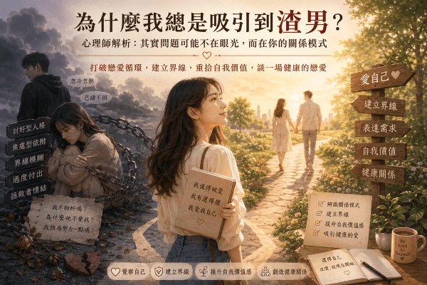 為什麼我總是吸引到渣男?心理師解析:建立關係界線、提升自我價值感,談一場健康成熟的戀愛 為什麼我總是吸引到渣男?心理師解析:建立關係界線、提升自我價值感,談一場健康成熟的戀愛