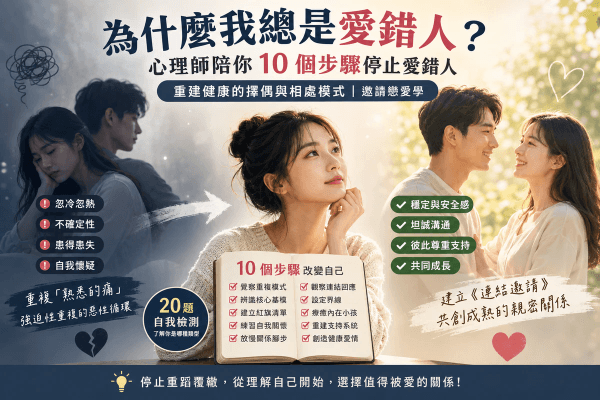 為什麼我總是愛錯人?心理師陪你10個步驟停止愛錯人,重建健康的擇偶與相處模式|邀請戀愛學 為什麼我總是愛錯人?心理師陪你10個步驟停止愛錯人,重建健康的擇偶與相處模式|邀請戀愛學