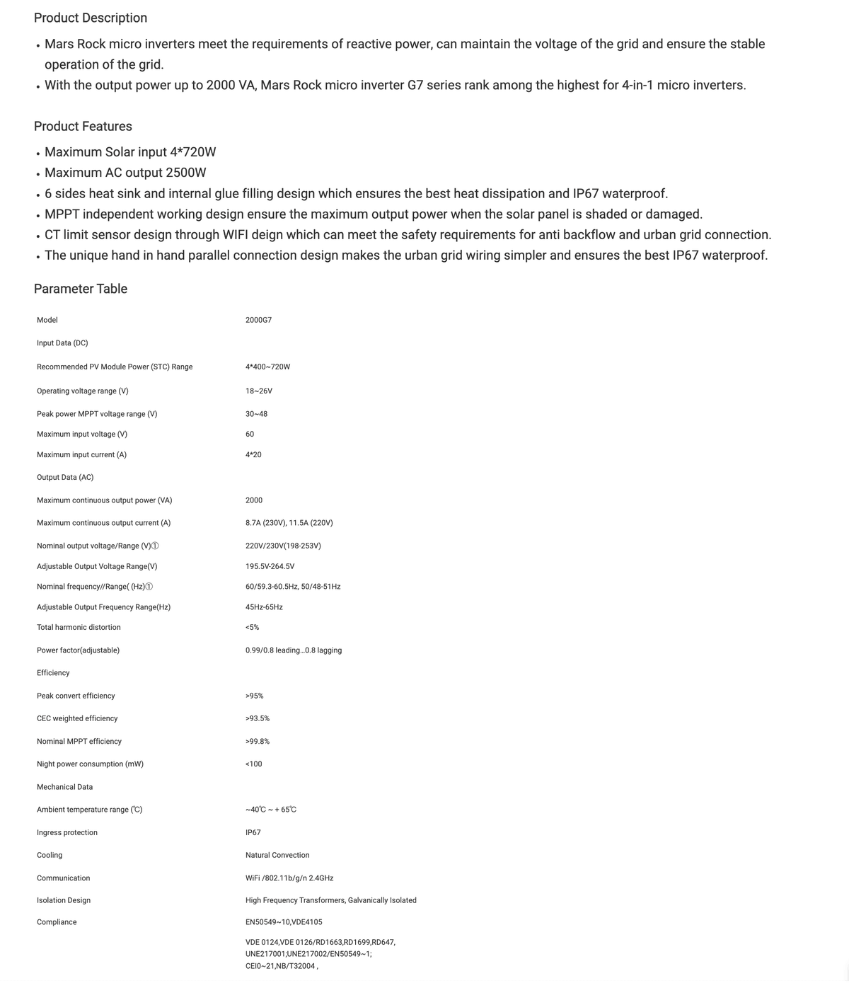 2000W 230V 4MPPTIP67 WiFi MicroinverterSuitable for Balcony System