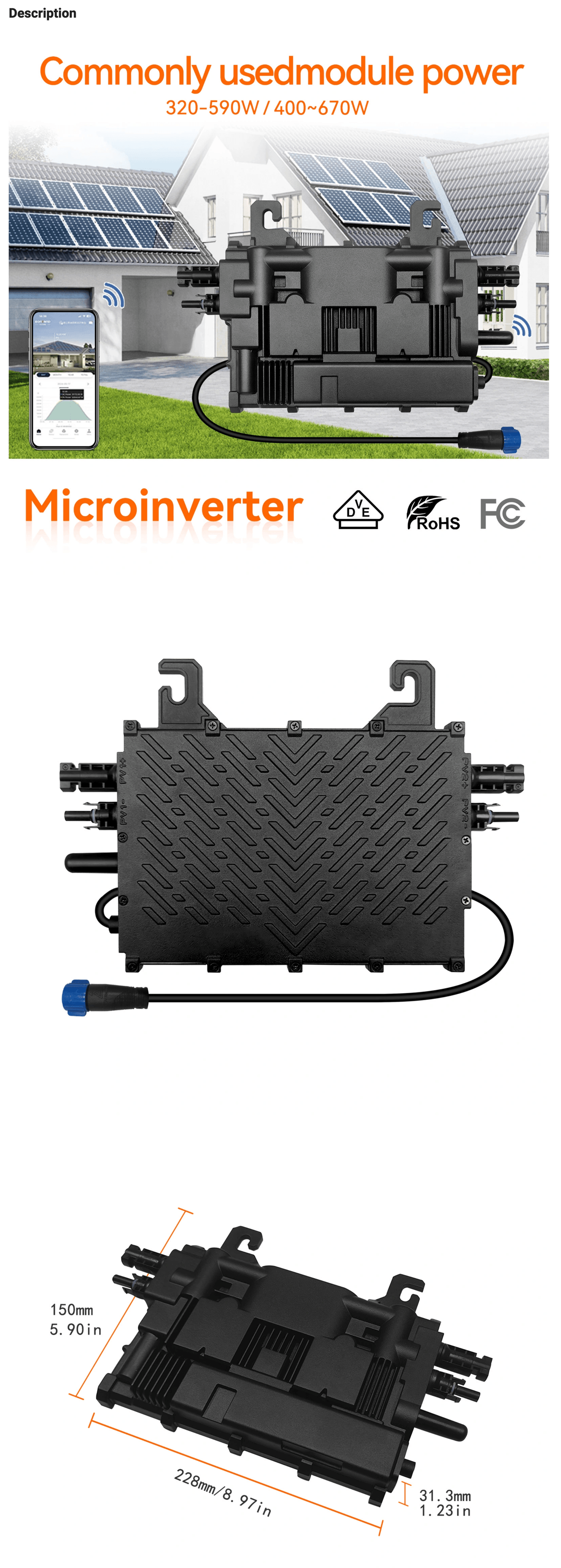 1000W 230V 2MPPTIP67 Microinverter Suitable forHome Solar System