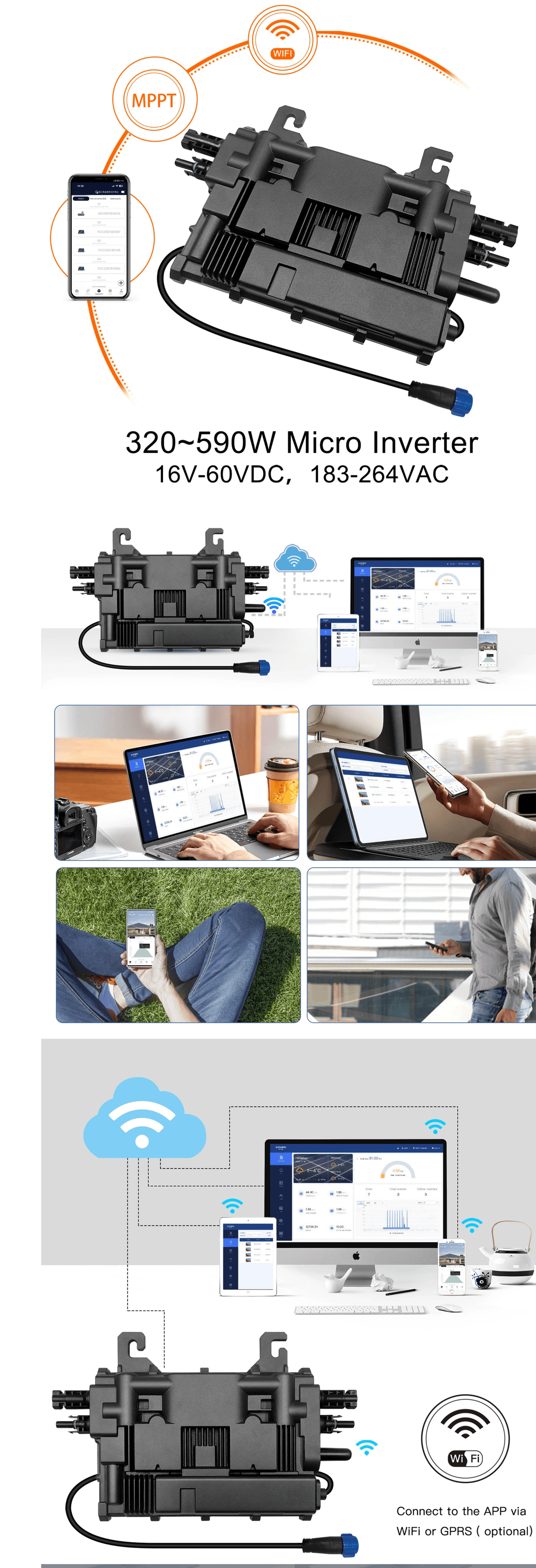 1000W 230V 2MPPTIP67 Microinverter Suitable forHome Solar System