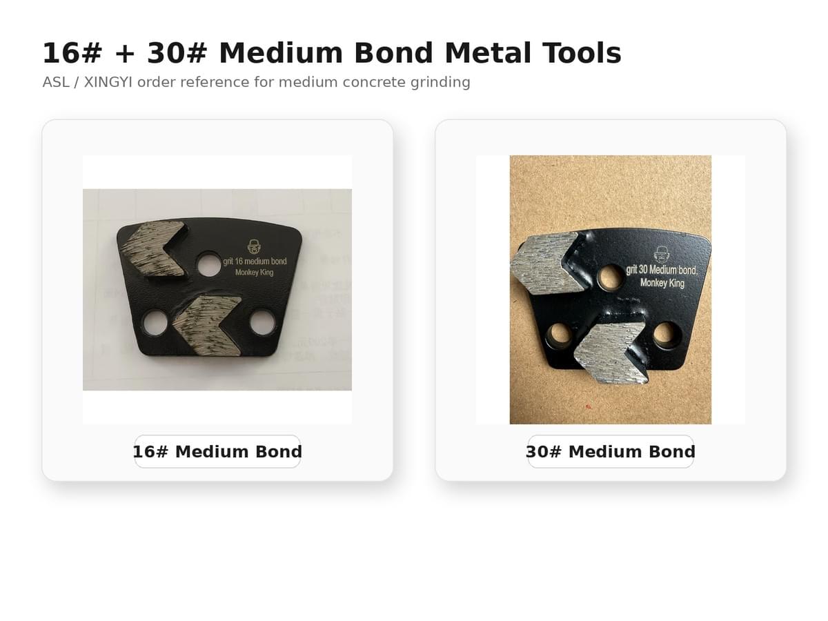 ASL T2 3-hole trapezoid metal bond grinding tools in 16 grit and 30 grit medium bond for medium concrete grinding ASL T2 3-hole trapezoid metal bond grinding tools in 16 grit and 30 grit medium bond for medium concrete grinding