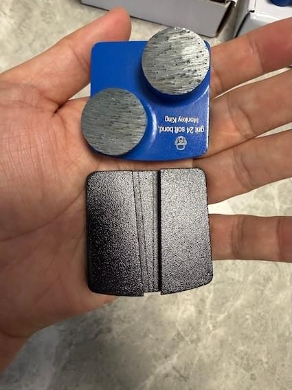 Scanmaskin 24 grit soft bond metal tool aligned with adapter plate for use on a Husqvarna grinder. Scanmaskin 24 grit soft bond metal tool aligned with adapter plate for use on a Husqvarna grinder.