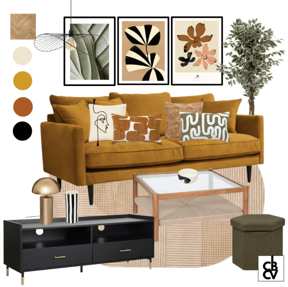 Pack de meubles et décoration classique chic avec un canapé gris, un luminaire doré, et une commode Pack de meubles et décoration classique chic avec un canapé gris, un luminaire doré, et une commode