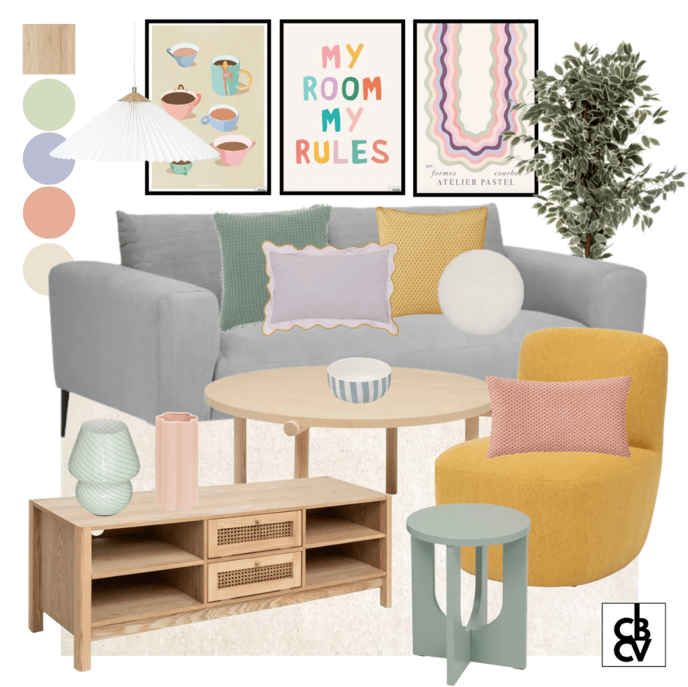 Pack de meubles et décoration classique chic avec un canapé gris, un luminaire doré, et une commode Pack de meubles et décoration classique chic avec un canapé gris, un luminaire doré, et une commode