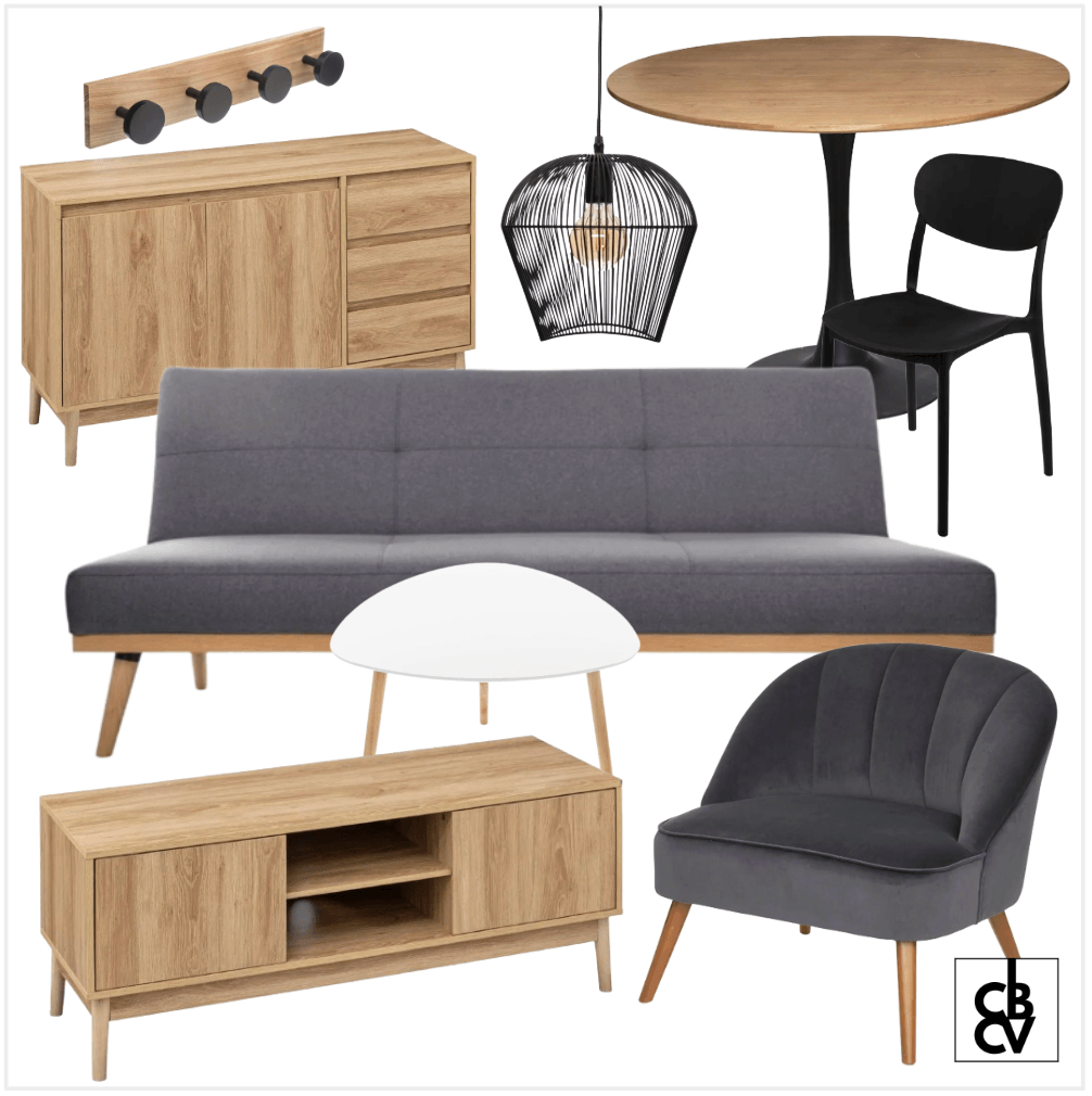 Un pack de mobilier color design avec un canapé bleu, un tapis et une table basse Un pack de mobilier color design avec un canapé bleu, un tapis et une table basse