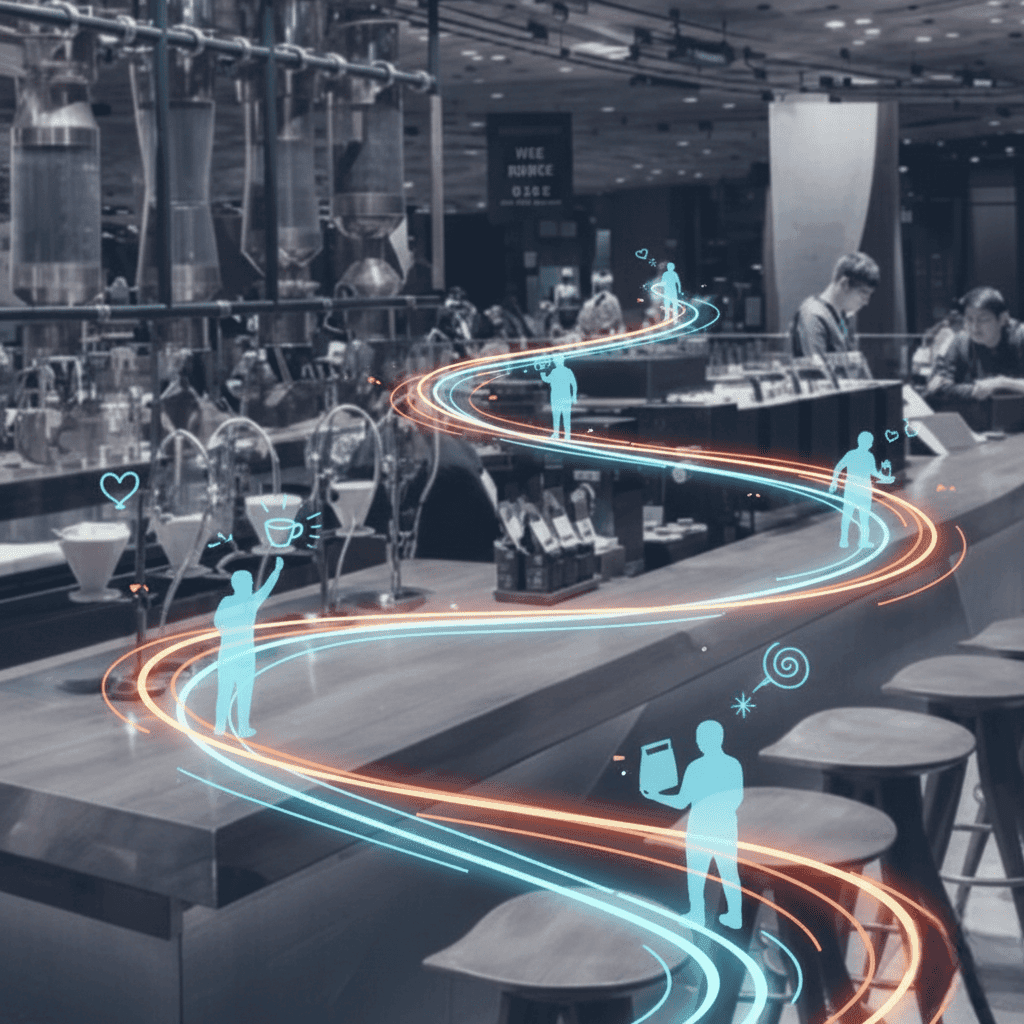 一張融合虛擬線條的咖啡廳室內照片。畫面中以藍色與橘色發光曲線描繪出顧客的路徑,並輔以藍色小人剪影與咖啡、愛心等圖示,生動展現顧客體驗設計與動線規劃的概念。 一張融合虛擬線條的咖啡廳室內照片。畫面中以藍色與橘色發光曲線描繪出顧客的路徑,並輔以藍色小人剪影與咖啡、愛心等圖示,生動展現顧客體驗設計與動線規劃的概念。