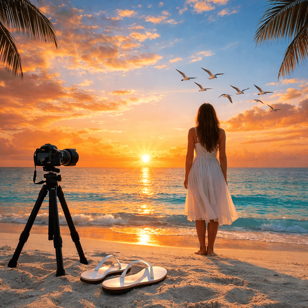 一名女子在夕陽海灘眺望遠方,旁有相機腳架。寓意透過提升內在磁場與心靈成長,解決努力卻不順的困境。 一名女子在夕陽海灘眺望遠方,旁有相機腳架。寓意透過提升內在磁場與心靈成長,解決努力卻不順的困境。