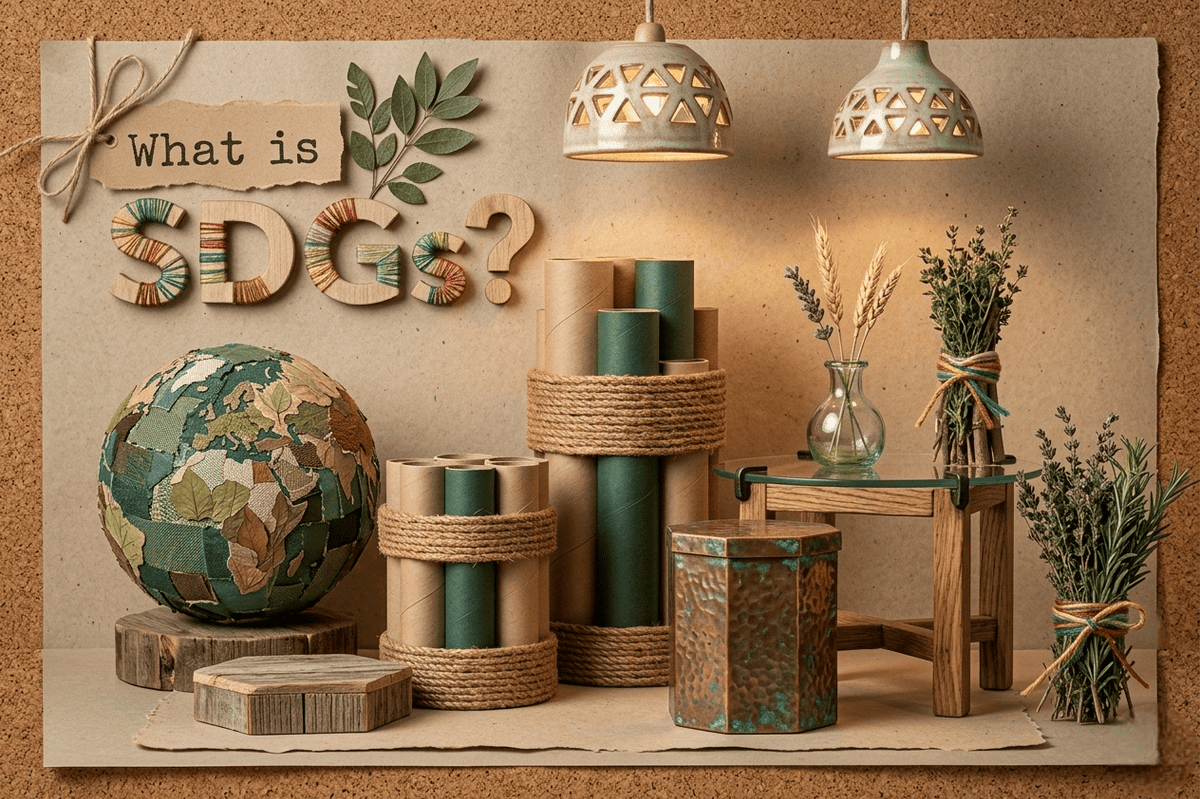 融合環保手作風的 SDGs 靜物照,包含拼布地球儀、麻繩紙管裝飾與乾燥植物。左上角有「What is SDGs?」立體字樣,呈現溫暖且具永續教育意義的創意風格。 融合環保手作風的 SDGs 靜物照,包含拼布地球儀、麻繩紙管裝飾與乾燥植物。左上角有「What is SDGs?」立體字樣,呈現溫暖且具永續教育意義的創意風格。