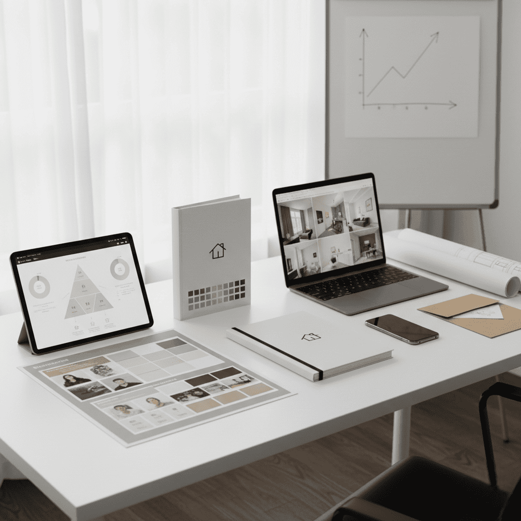 這張圖片展現了現代簡約的品牌設計工作空間,桌上整齊陳列著平板電腦、色卡、室內設計手冊及筆記本。整體氛圍專業且具質感,完美詮釋了從零開始打造新創室內設計品牌所需的策略、視覺與體驗規劃。 這張圖片展現了現代簡約的品牌設計工作空間,桌上整齊陳列著平板電腦、色卡、室內設計手冊及筆記本。整體氛圍專業且具質感,完美詮釋了從零開始打造新創室內設計品牌所需的策略、視覺與體驗規劃。