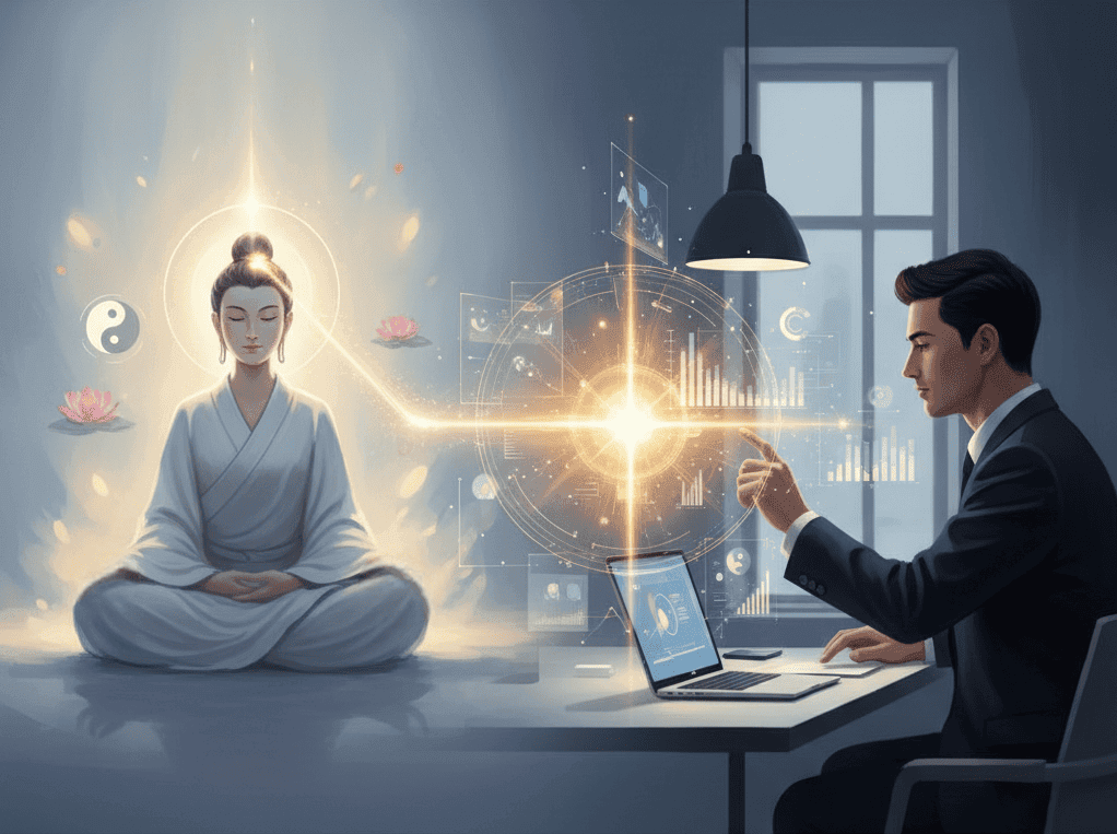 右邊男子透過悟性在行銷數據分析中,洞察到數據本質意義並應用專業來做判斷。 右邊男子透過悟性在行銷數據分析中,洞察到數據本質意義並應用專業來做判斷。
