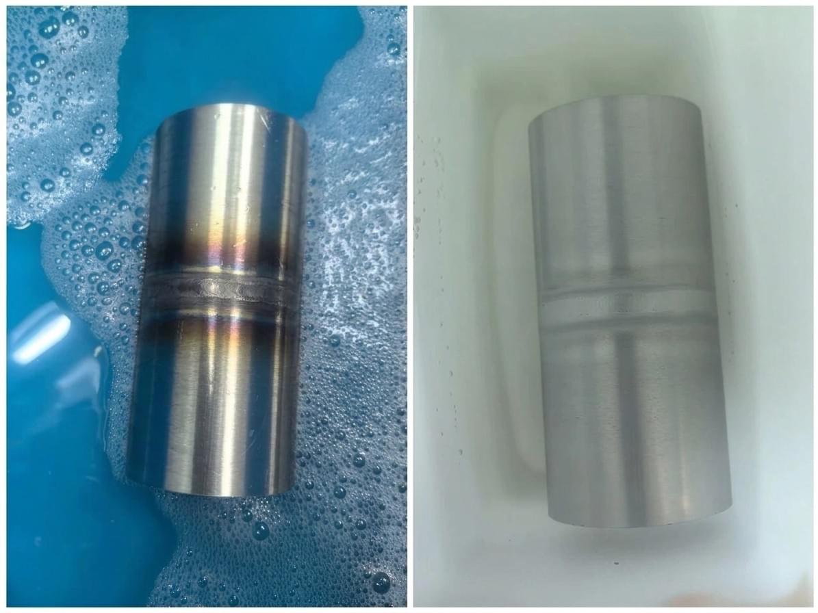Before and after pickling and passivation of welded stainless steel component showing removal of weld heat tint and scale Before and after pickling and passivation of welded stainless steel component showing removal of weld heat tint and scale