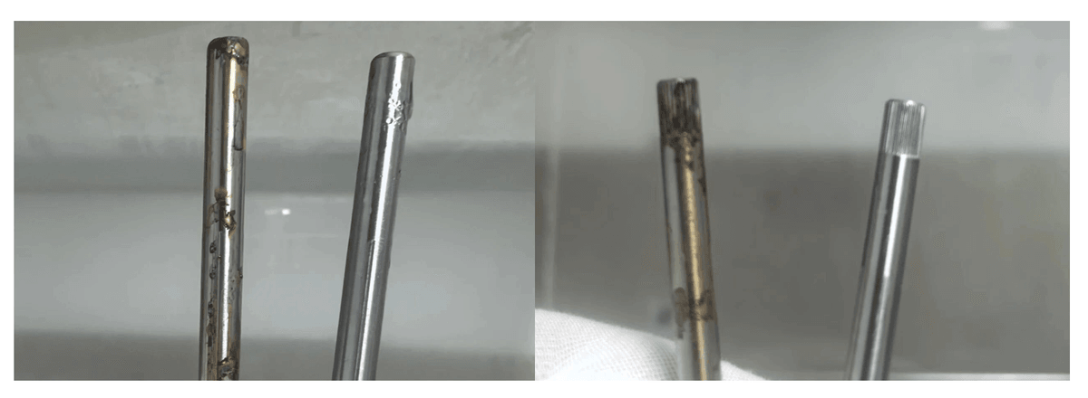Salt spray test comparison on stainless steel faucet handle levers showing red rust and localized pitting failure versus a clean passivated surface Salt spray test comparison on stainless steel faucet handle levers showing red rust and localized pitting failure versus a clean passivated surface