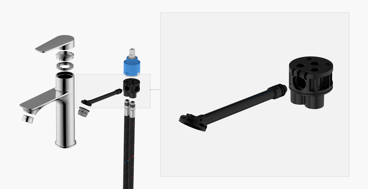 An exploded view of a sleek, single-handle bathroom basin faucet, featuring a detailed callout of the multi-port GFRP cartridge seat and matching water-outlet tube. This highlights an innovative, eco-friendly, and corrosion-resistant internal flow control solution. An exploded view of a sleek, single-handle bathroom basin faucet, featuring a detailed callout of the multi-port GFRP cartridge seat and matching water-outlet tube. This highlights an innovative, eco-friendly, and corrosion-resistant internal flow control solution.