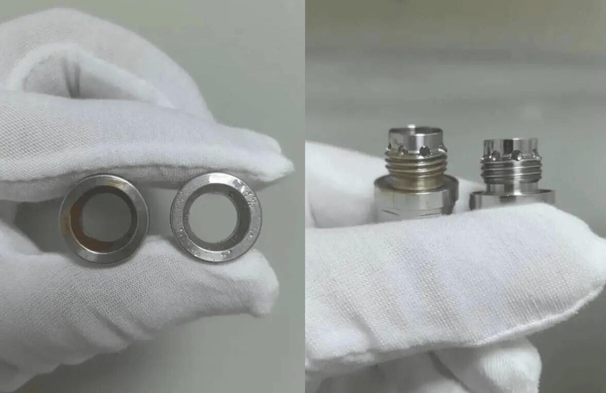 Salt spray test result comparison on precision stainless steel faucet internal components showing thread crevice rust and inner wall corrosion vs passed sample Salt spray test result comparison on precision stainless steel faucet internal components showing thread crevice rust and inner wall corrosion vs passed sample