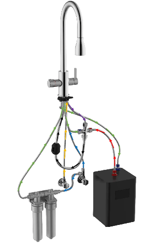 Complete system plumbing diagram for FBT’s 4-in-1 multi-function kitchen faucet. Visualizing seamless undersink integration for hot, cold, filtered, and boiling water lines. Complete system plumbing diagram for FBT’s 4-in-1 multi-function kitchen faucet. Visualizing seamless undersink integration for hot, cold, filtered, and boiling water lines.