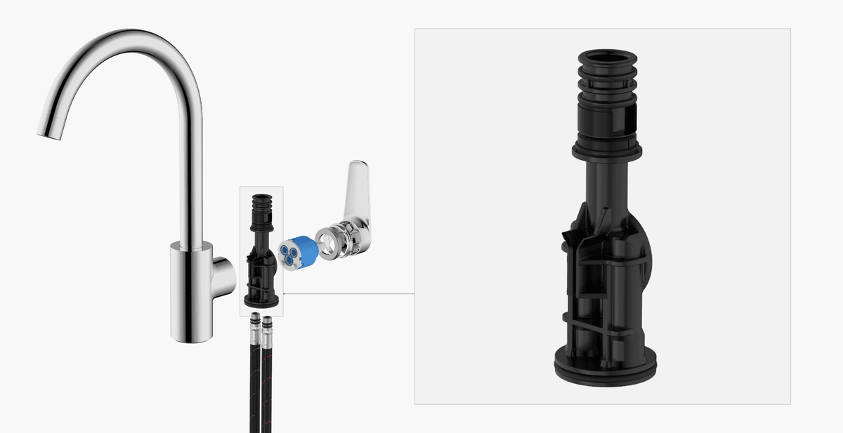 A technical 3D assembly render of a standard gooseneck kitchen faucet, showcasing a vertical GFRP inner waterway body in the inset. This design highlights a simplified, lead-free water pathway solution optimized for scalable, high-yield manufacturing. A technical 3D assembly render of a standard gooseneck kitchen faucet, showcasing a vertical GFRP inner waterway body in the inset. This design highlights a simplified, lead-free water pathway solution optimized for scalable, high-yield manufacturing.