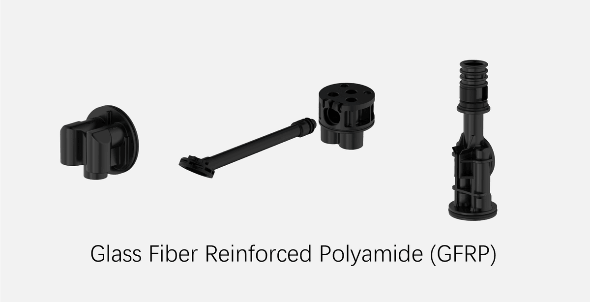 A composite product showcase of three distinct faucet cartridge seats/inner bodies, with text at the bottom specifying the material: "Glass Fiber Reinforced Polyamide (GFRP)". This clean render highlights the precision engineering and lead-free structural components designed for modern water pathways. A composite product showcase of three distinct faucet cartridge seats/inner bodies, with text at the bottom specifying the material: "Glass Fiber Reinforced Polyamide (GFRP)". This clean render highlights the precision engineering and lead-free structural components designed for modern water pathways.