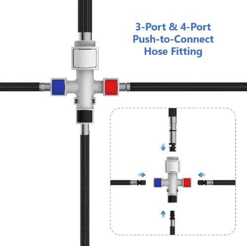 Streamline undersink hose routing with FBT’s Push-to-Connect 3-Port & 4-Port Hose Connectors. Tool-free, leak-proof manifold system for All-in-One kitchen faucets. Streamline undersink hose routing with FBT’s Push-to-Connect 3-Port & 4-Port Hose Connectors. Tool-free, leak-proof manifold system for All-in-One kitchen faucets.