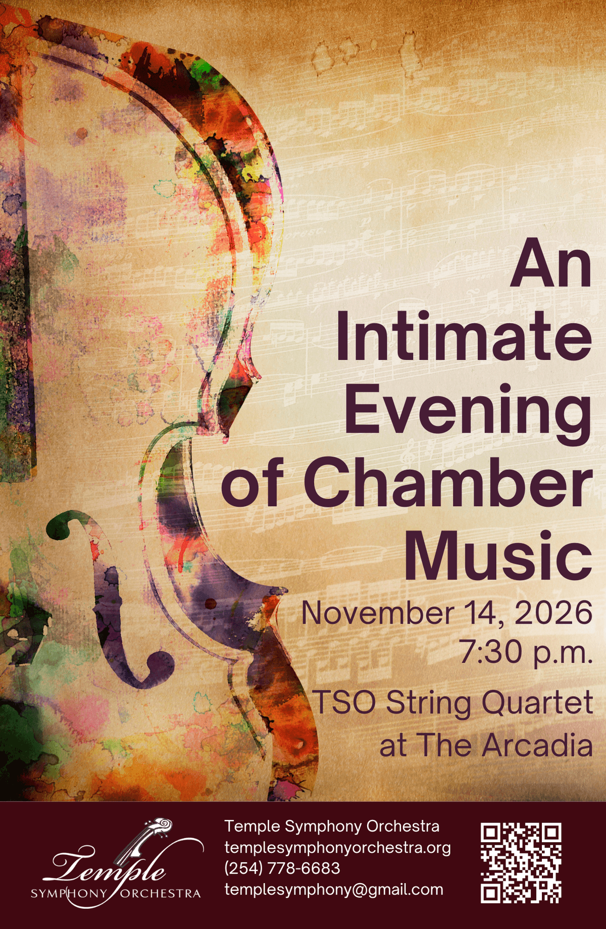 Temple Symphony Orchestra Nov. 14th- An Intimate Evening of Chamber Music poster with a colorful string instrument photo Temple Symphony Orchestra Nov. 14th- An Intimate Evening of Chamber Music poster with a colorful string instrument photo