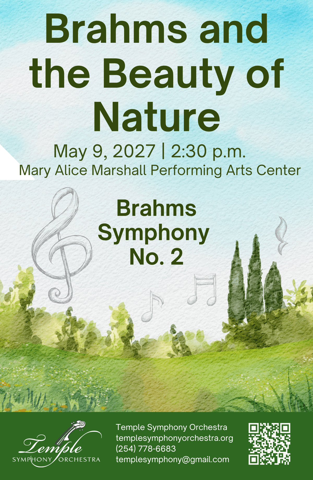 Temple Symphony Orchestra May 9, 2027 The Beauty of Nature concert poster with a watercolor pastoral landscape and sketch floating musical notes Temple Symphony Orchestra May 9, 2027 The Beauty of Nature concert poster with a watercolor pastoral landscape and sketch floating musical notes
