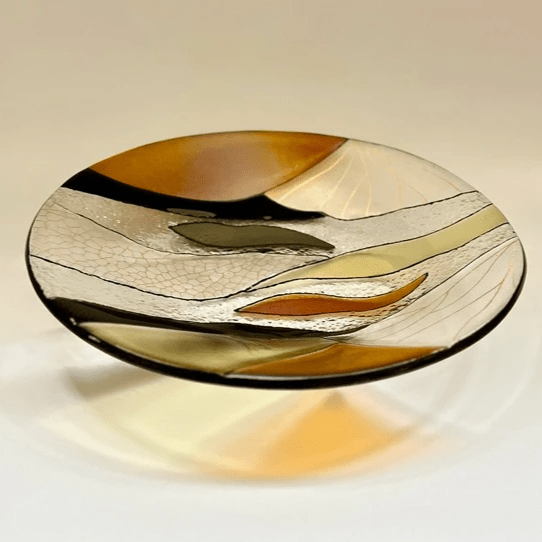 Fluid design fused glass bowl with delicate gold tracing Fluid design fused glass bowl with delicate gold tracing