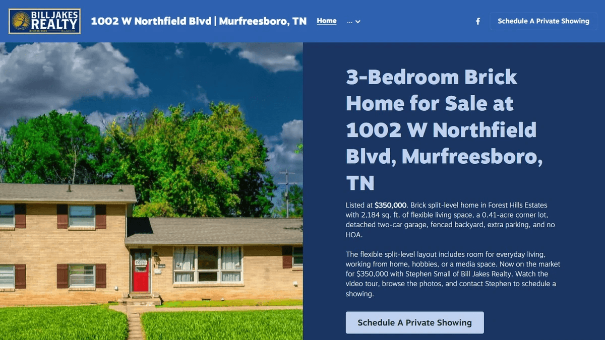Property website homepage for 1002 W Northfield Blvd in Murfreesboro, TN, showing the brick home's exterior, listing details, and a Schedule A Private Showing button Property website homepage for 1002 W Northfield Blvd in Murfreesboro, TN, showing the brick home's exterior, listing details, and a Schedule A Private Showing button