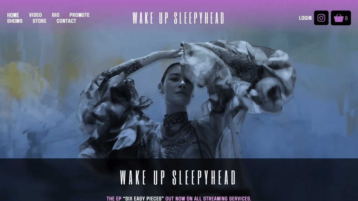 Wake Up Sleepyhead artist website homepage with a photo of a performer in flowing fabric and a promotion for the "Six Easy Pieces" EP Wake Up Sleepyhead artist website homepage with a photo of a performer in flowing fabric and a promotion for the "Six Easy Pieces" EP