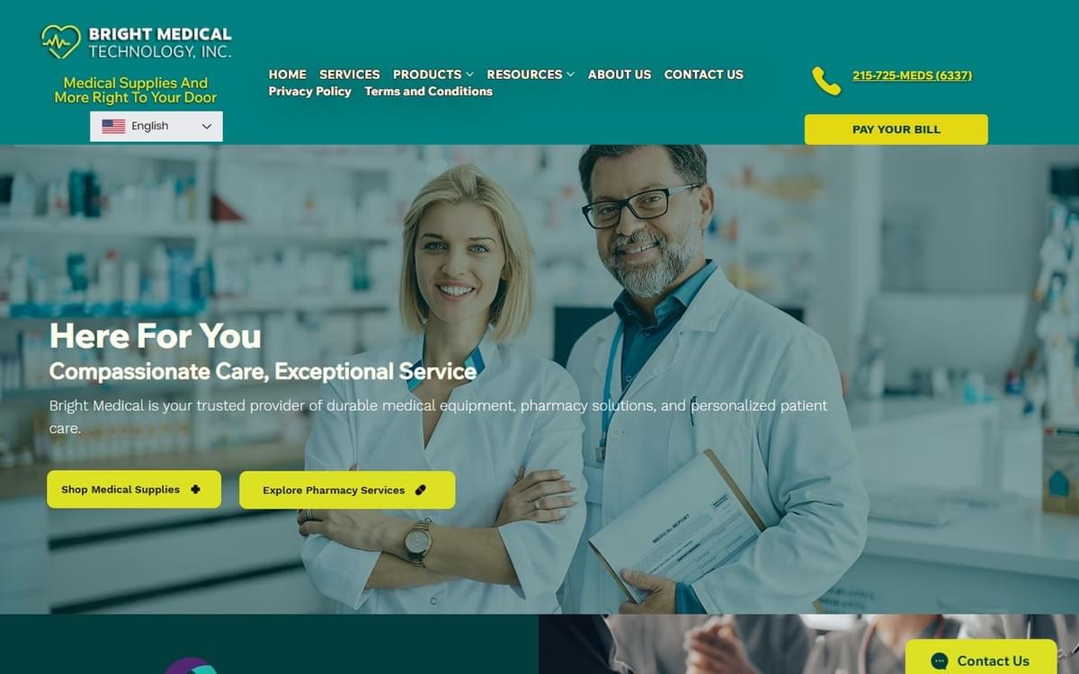 Bright Medical Technology website homepage with the headline "Here For You" over two pharmacists, with buttons for medical supplies and pharmacy services Bright Medical Technology website homepage with the headline "Here For You" over two pharmacists, with buttons for medical supplies and pharmacy services