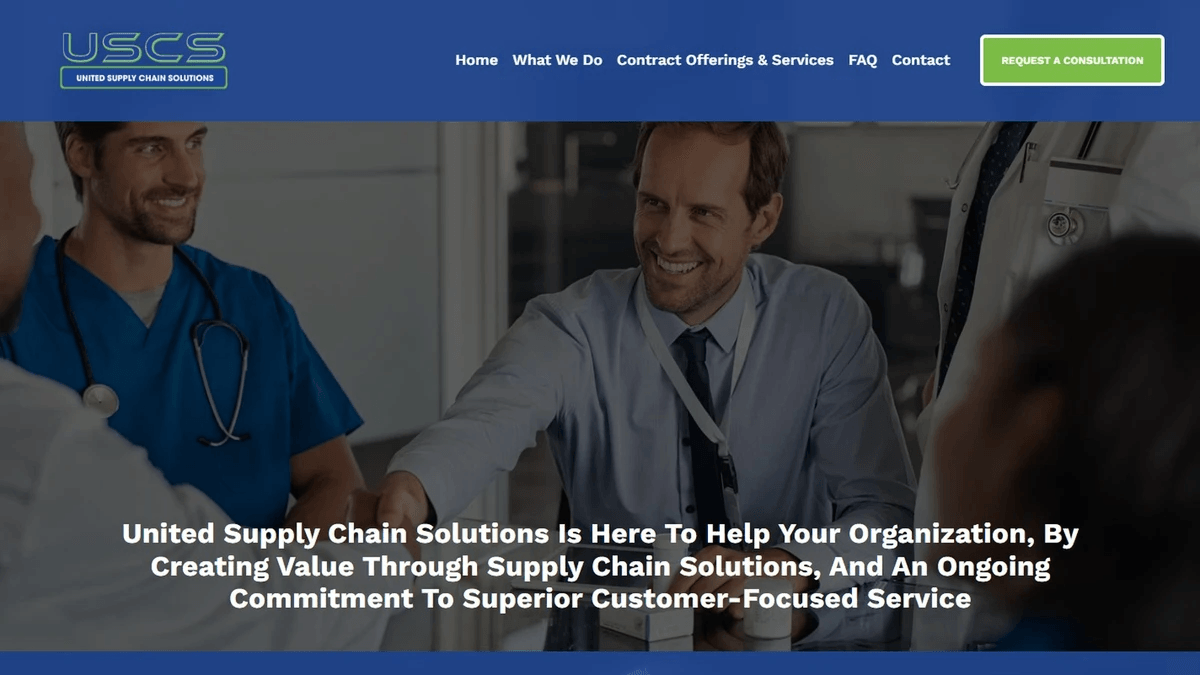 United Supply Chain Solutions website homepage with a banner image of smiling healthcare professionals and the company's customer-focused service message United Supply Chain Solutions website homepage with a banner image of smiling healthcare professionals and the company's customer-focused service message