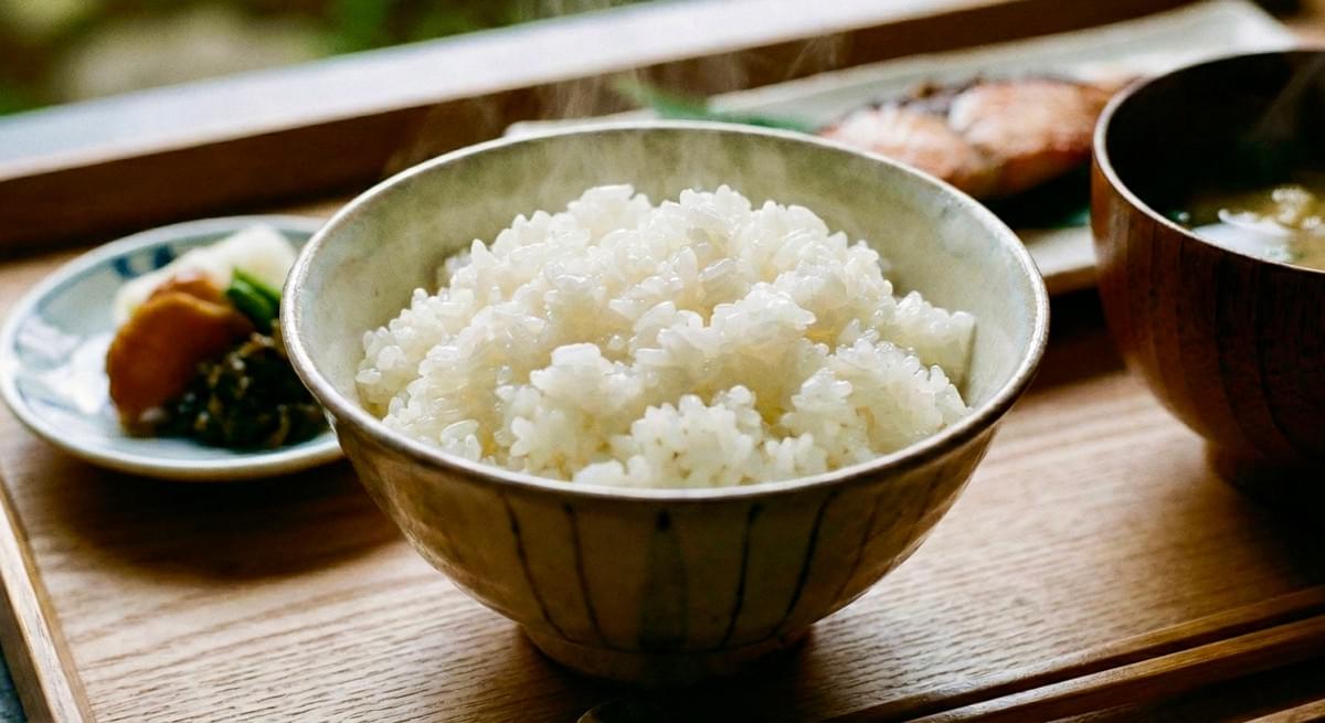 炊き立ての白ご飯と和食の器が並ぶ食卓の写真。温かさと自然な食体験を表現したイメージ。 炊き立ての白ご飯と和食の器が並ぶ食卓の写真。温かさと自然な食体験を表現したイメージ。
