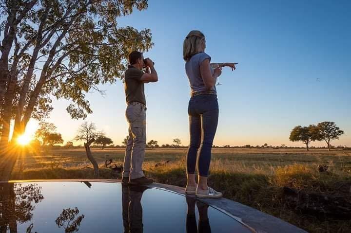 A couple standing on the edge of a pool in the bush, observing wildlife through binoculars while surrounded by nature. A couple standing on the edge of a pool in the bush, observing wildlife through binoculars while surrounded by nature.