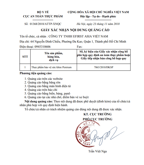 CHỨNG NHẬN AN TOÀN CỦA PENIRUM CHỨNG NHẬN AN TOÀN CỦA PENIRUM