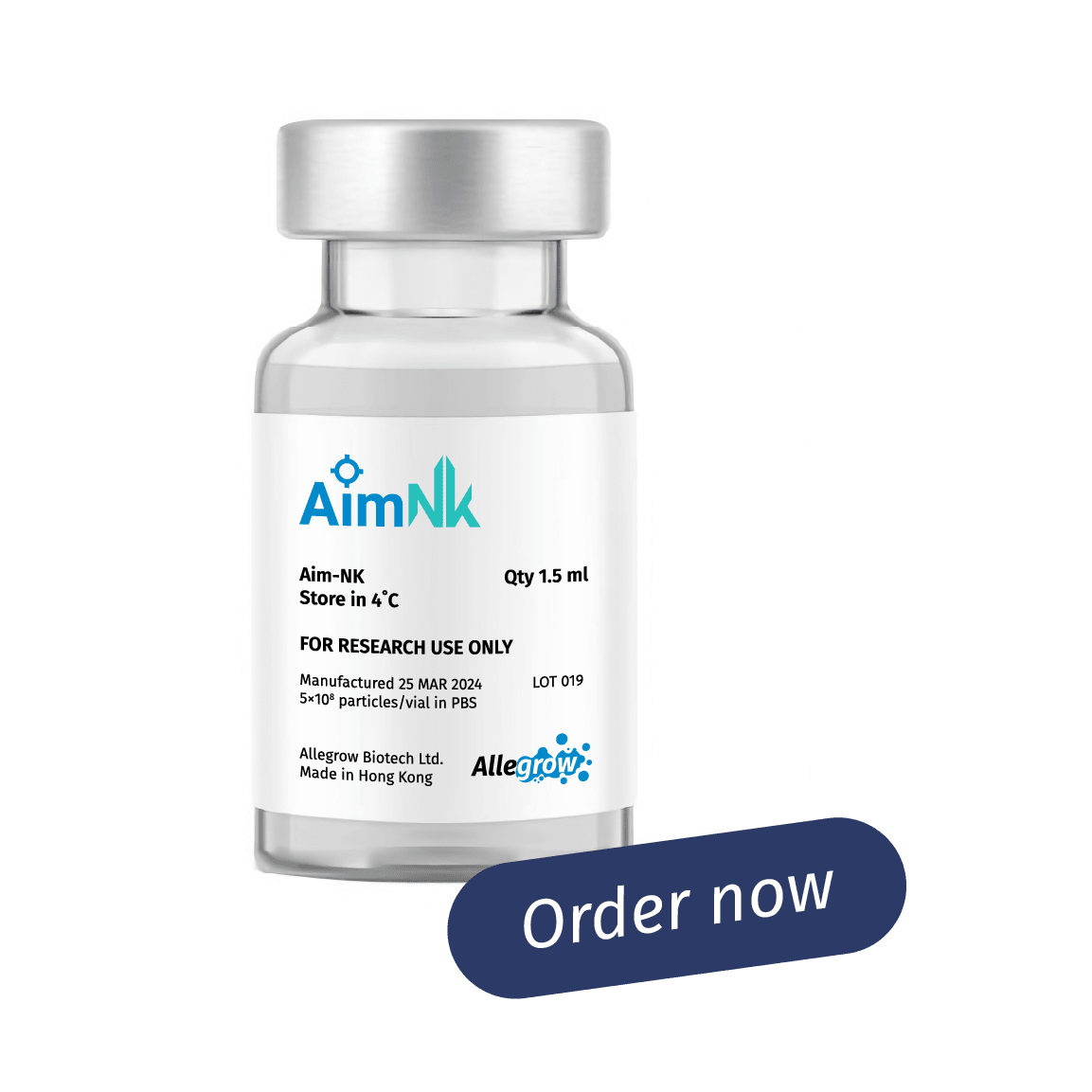 Vial of Aim-NK with the "Order now" label Vial of Aim-NK with the "Order now" label
