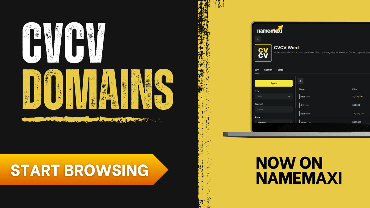 Introducing the highly valuable CVCV domain category on NameMaxi - Start browsing now to enrich your portfolio! Introducing the highly valuable CVCV domain category on NameMaxi - Start browsing now to enrich your portfolio!