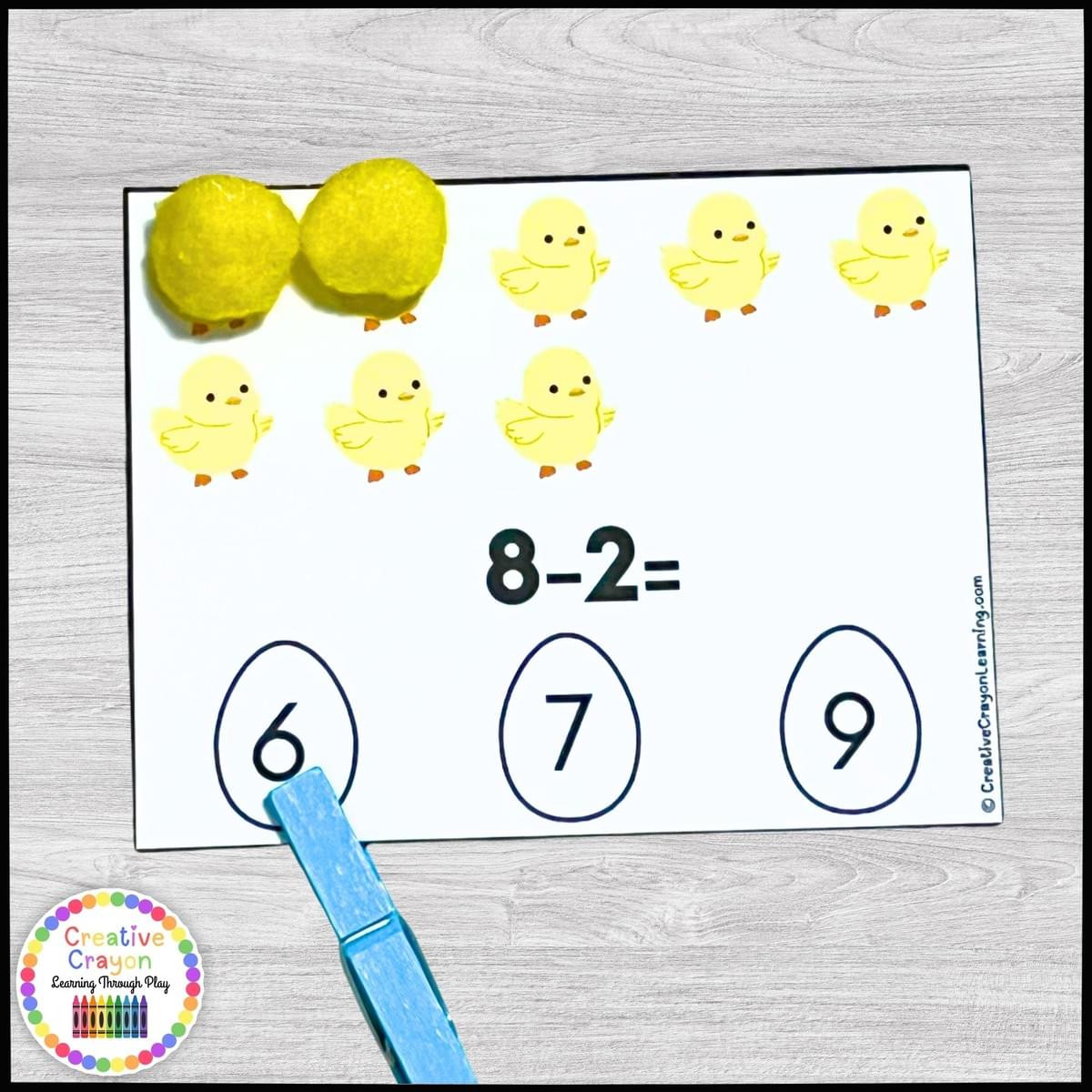 Kindergarten Easter subtraction center with chick-themed count and cover cards using numbers within 10 Kindergarten Easter subtraction center with chick-themed count and cover cards using numbers within 10