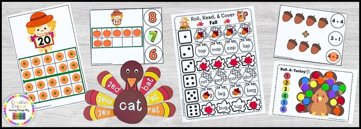 Kindergarten fall math and literacy centers preview with pumpkin ten frames, turkey rhyming, and Roll-a-Turkey activities Kindergarten fall math and literacy centers preview with pumpkin ten frames, turkey rhyming, and Roll-a-Turkey activities