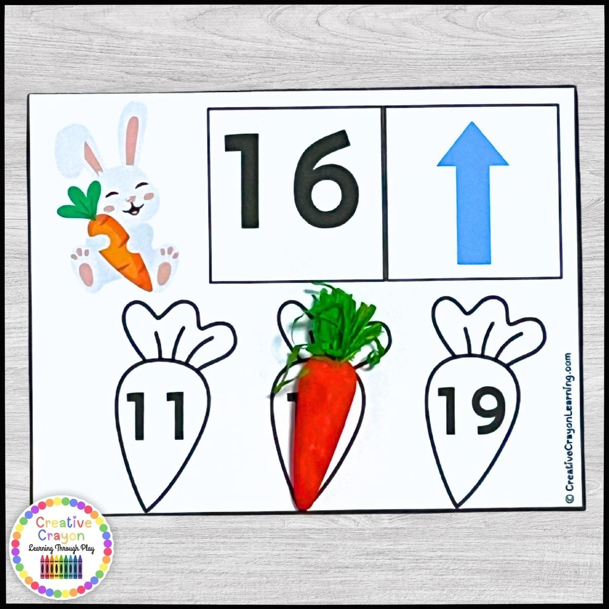 Kindergarten spring math center with bunny-themed clip cards for comparing numbers and building number sense 1–20 Kindergarten spring math center with bunny-themed clip cards for comparing numbers and building number sense 1–20