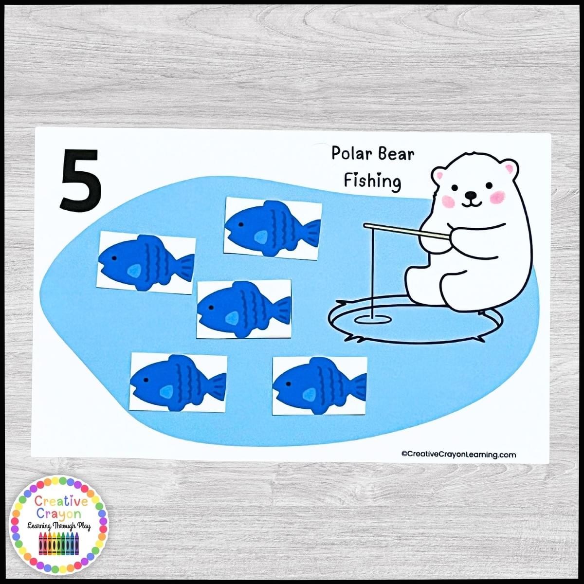 Kindergarten winter math center where students count fish to match numbers 1–20 with a polar bear theme. Kindergarten winter math center where students count fish to match numbers 1–20 with a polar bear theme.