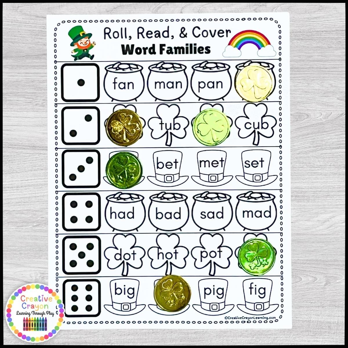 Roll, read, and cover CVC word game for kindergarten with St. Patrick’s Day theme. Roll, read, and cover CVC word game for kindergarten with St. Patrick’s Day theme.