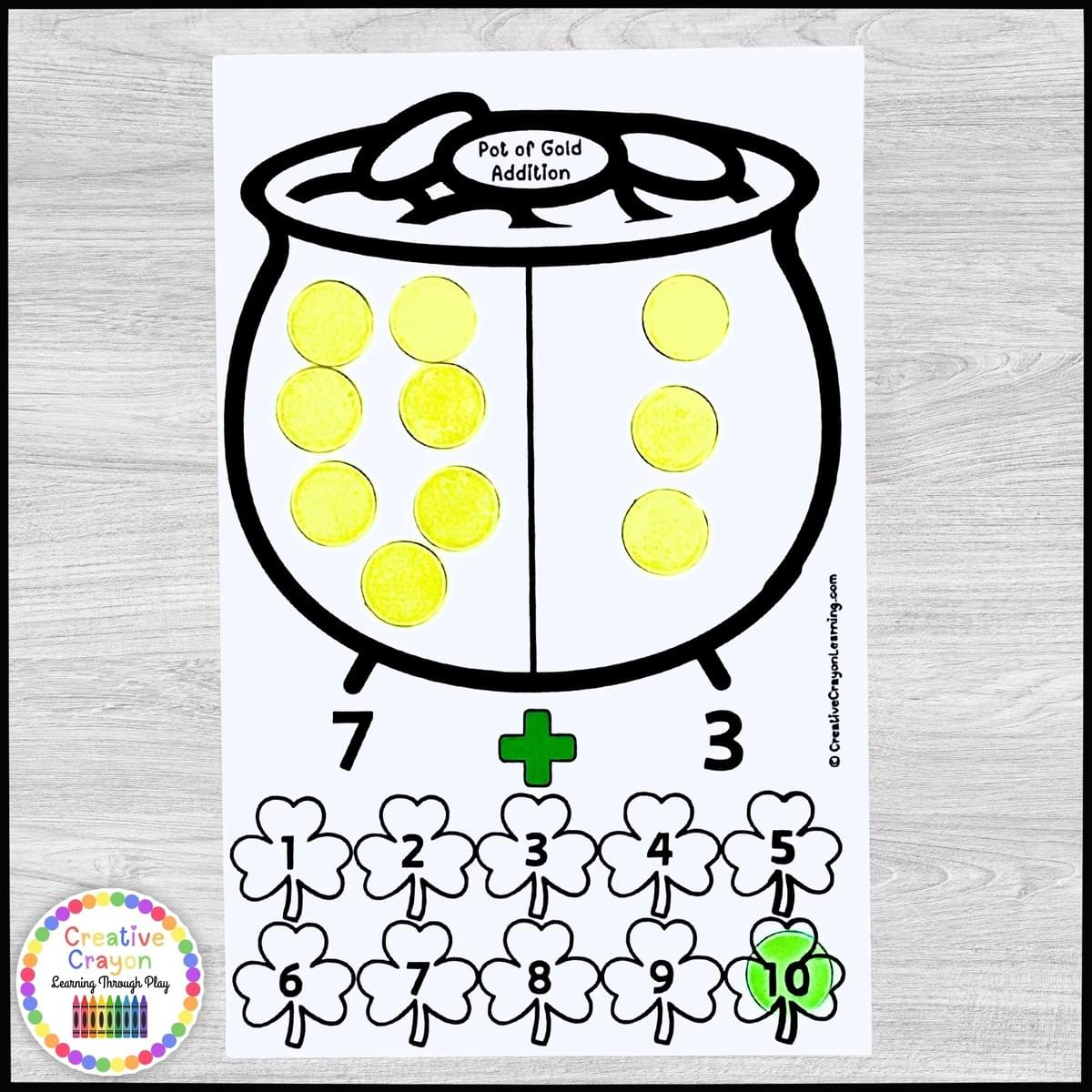 St. Patrick’s Day addition math center for kindergarten using gold bingo chips and clover mats to build early addition skills with hands-on counting. St. Patrick’s Day addition math center for kindergarten using gold bingo chips and clover mats to build early addition skills with hands-on counting.