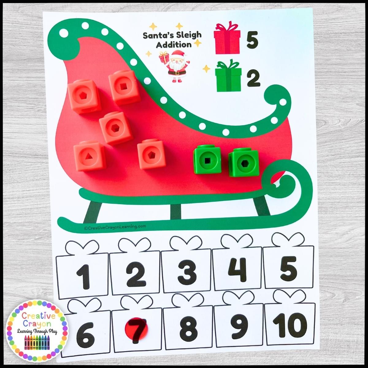 Kindergarten addition activity featuring Santa's sleigh and present counters for hands-on math practice Kindergarten addition activity featuring Santa's sleigh and present counters for hands-on math practice