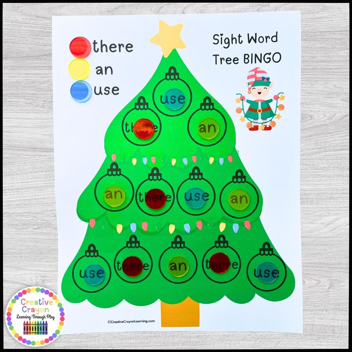 Kindergarten Christmas sight word BINGO game using Fry words and colored bingo chips on festive tree mats Kindergarten Christmas sight word BINGO game using Fry words and colored bingo chips on festive tree mats