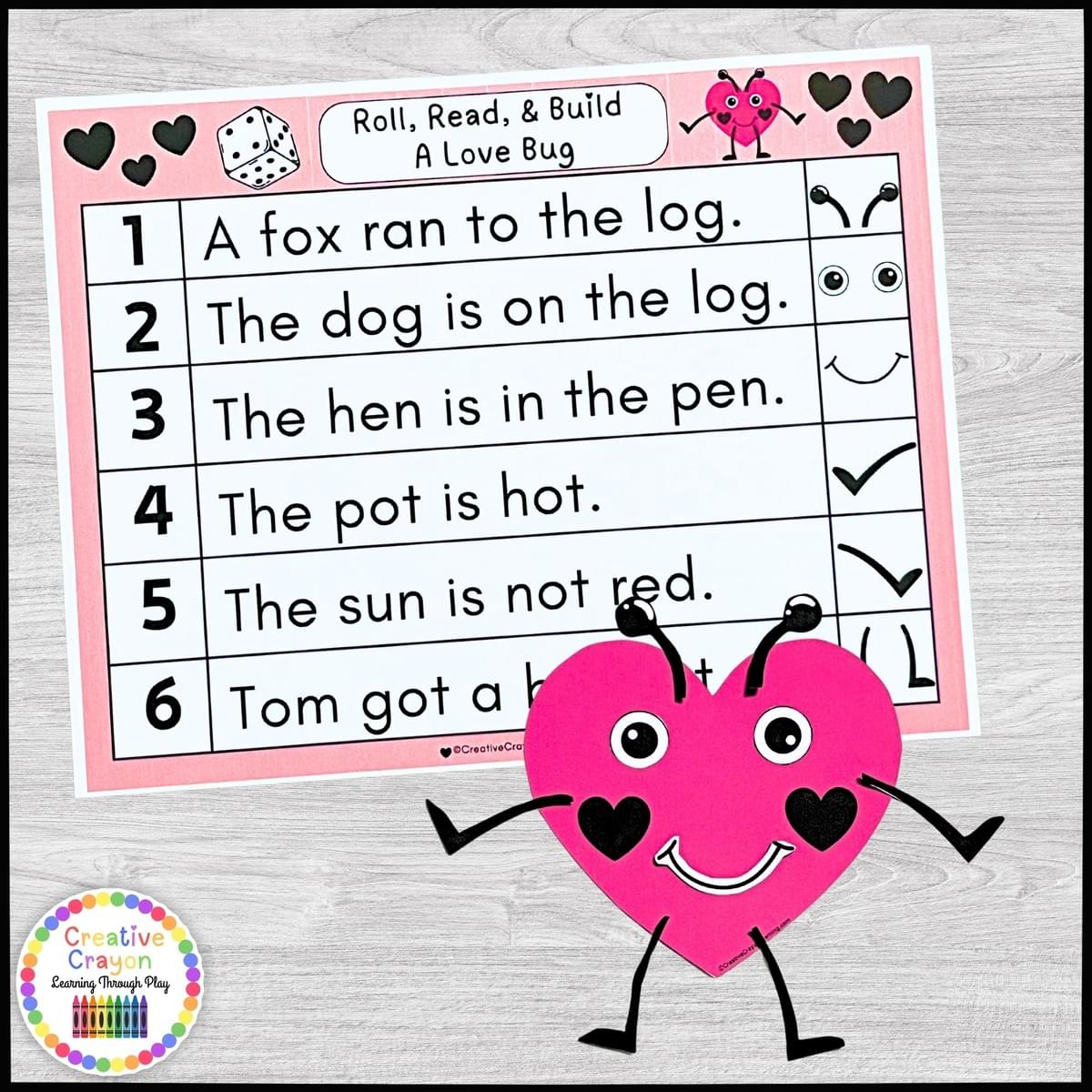 Valentine’s Day literacy center for kindergarten students building love bugs while reading decodable sentences and practicing fluency. Valentine’s Day literacy center for kindergarten students building love bugs while reading decodable sentences and practicing fluency.