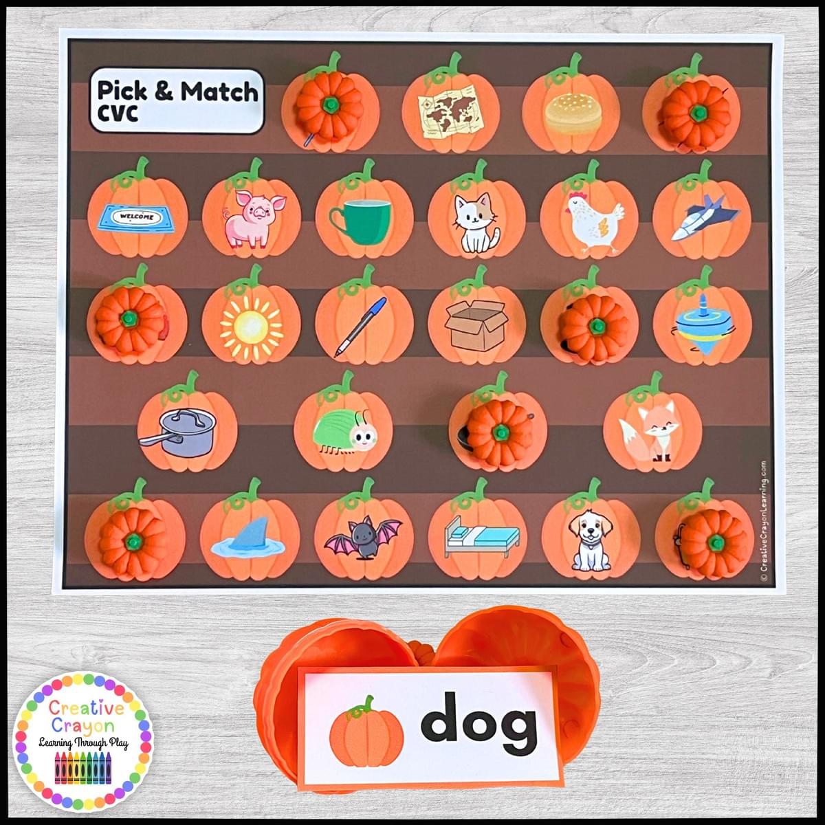 Pumpkin-themed literacy center for kindergarten with CVC word strips and plastic pumpkin matching activity. Pumpkin-themed literacy center for kindergarten with CVC word strips and plastic pumpkin matching activity.