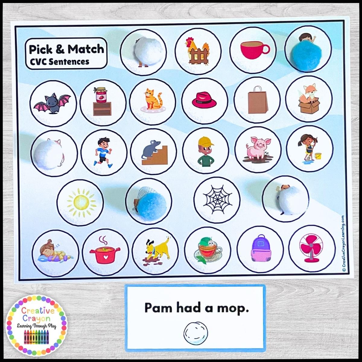 Kindergarten CVC sentence fluency activity with hands-on picture matching and decoding strips. Kindergarten CVC sentence fluency activity with hands-on picture matching and decoding strips.