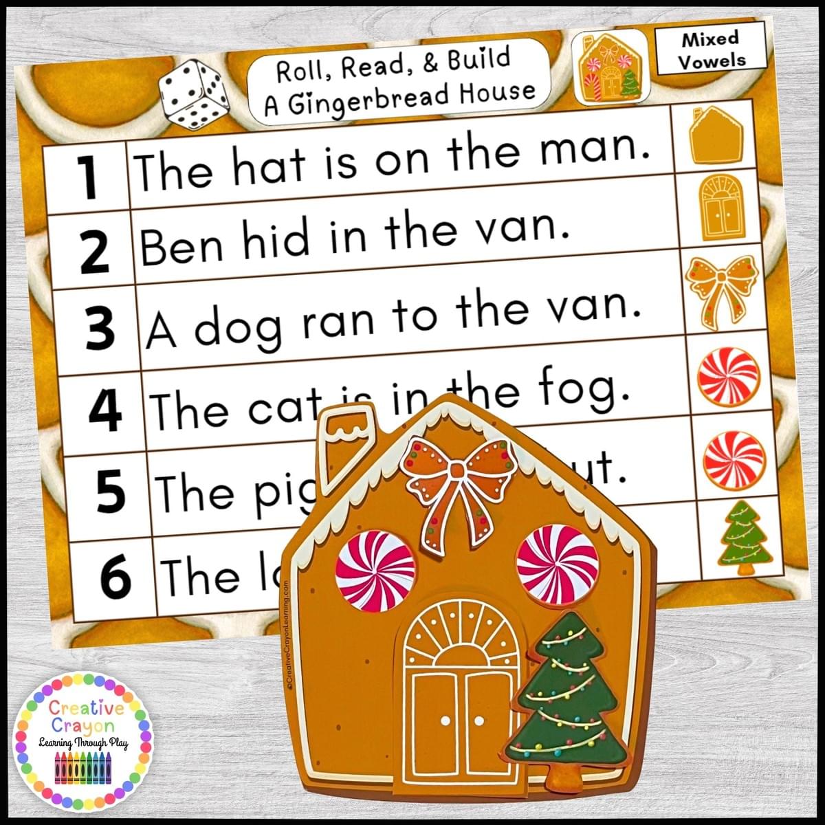 Gingerbread house building activity with roll and read sentences for early fluency practice Gingerbread house building activity with roll and read sentences for early fluency practice