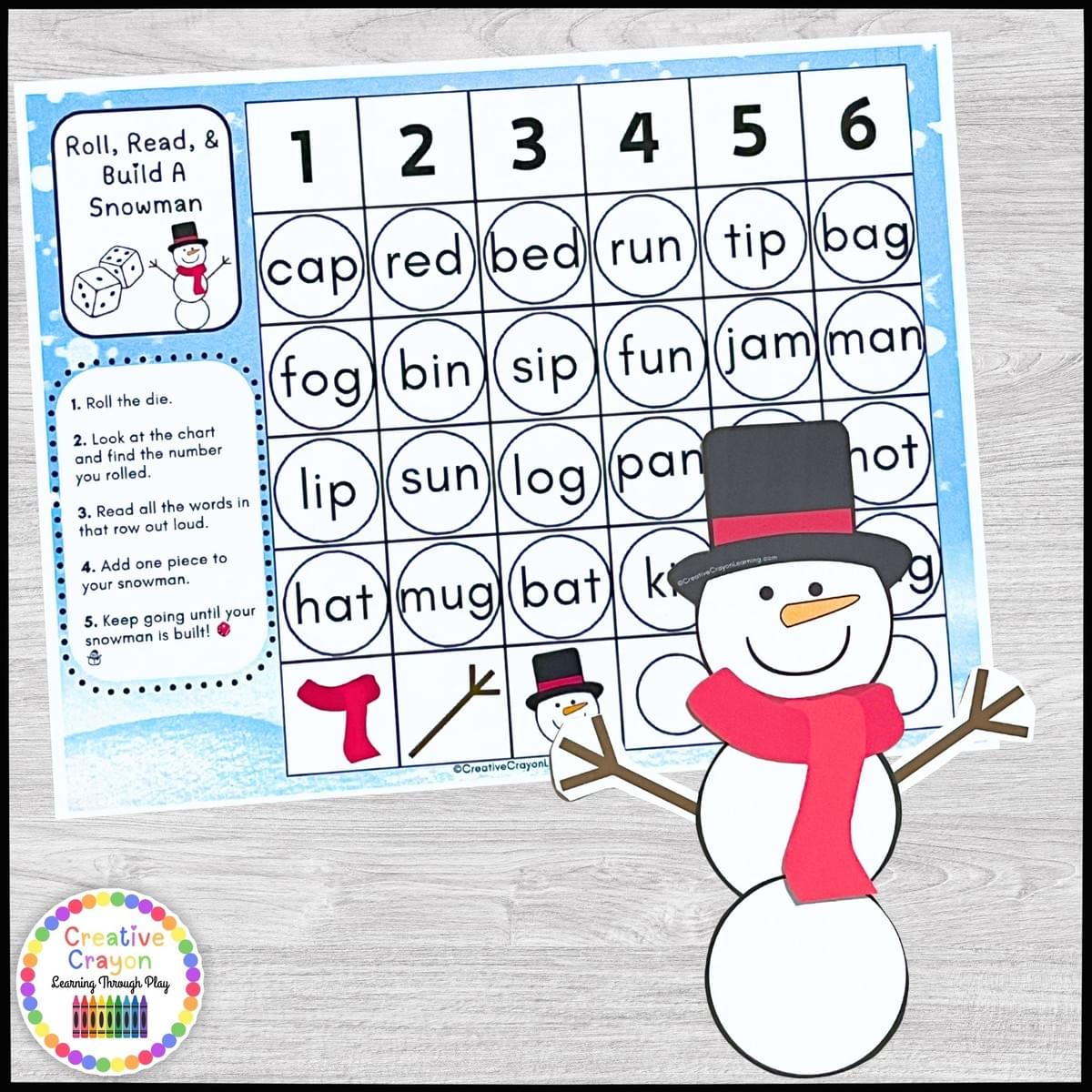 Winter CVC sentence fluency activity for kindergarten with snowman building and decodable word practice. Winter CVC sentence fluency activity for kindergarten with snowman building and decodable word practice.