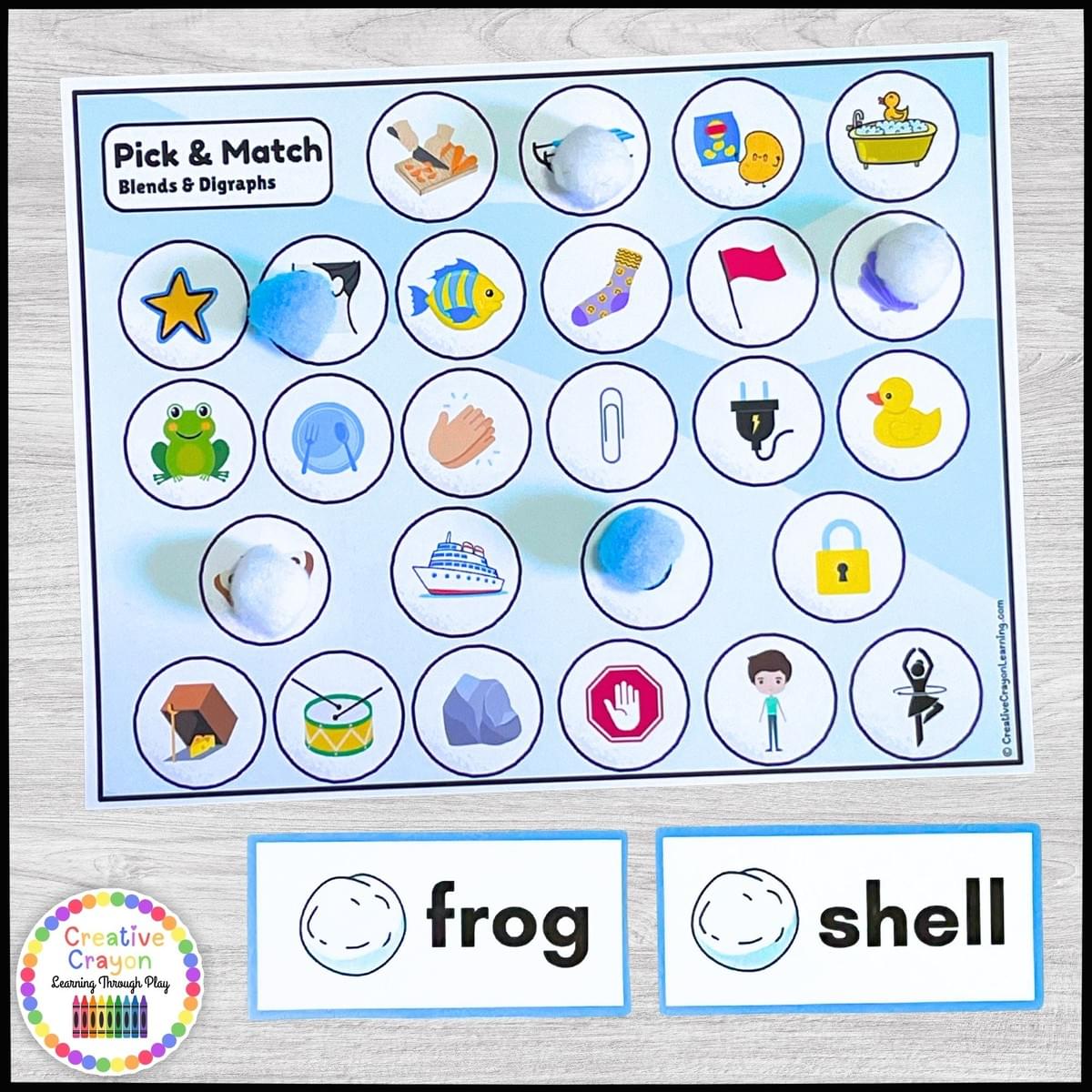 Kindergarten blend and digraph literacy center with snowball-themed word and picture match Kindergarten blend and digraph literacy center with snowball-themed word and picture match