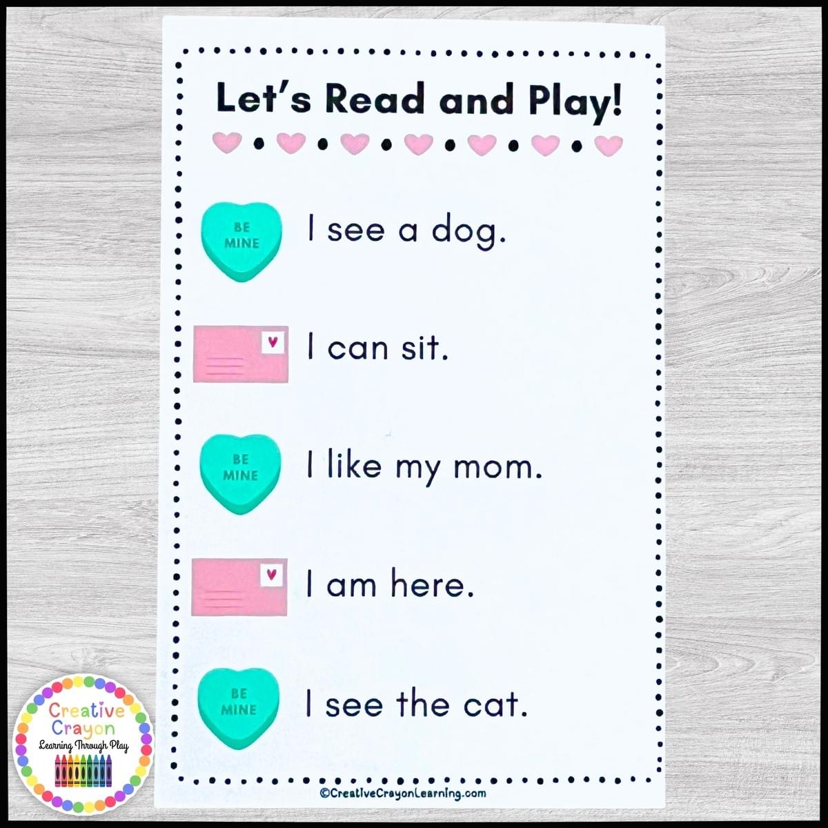 Printable Valentine-themed decodable cvc sentence fluency pages for kindergarten featuring Fry sight words and decodable sentences. Printable Valentine-themed decodable cvc sentence fluency pages for kindergarten featuring Fry sight words and decodable sentences.